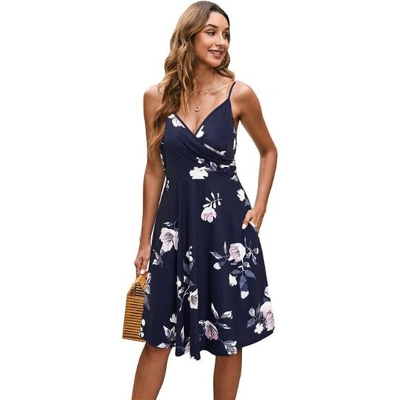 Dresses & Skirts - V-Neck Floral Spaghetti Strap Summer Casual Dress Sleeveless Midi Sundress